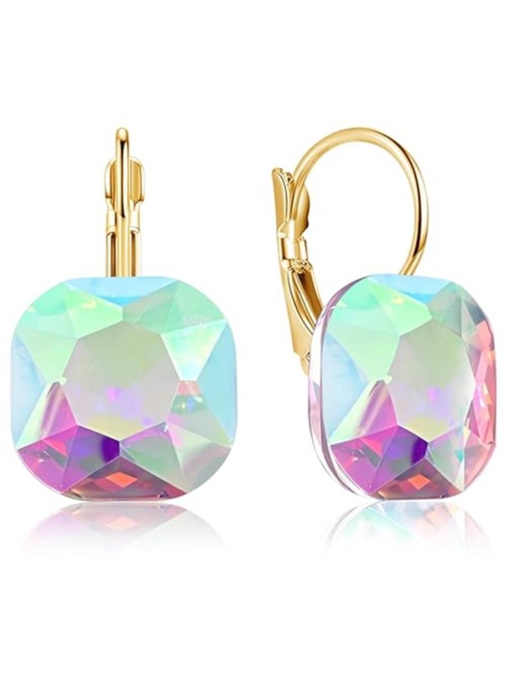 Colorful Square Crystal Drop Earrings Gold Tone Geometric Statement Dangle